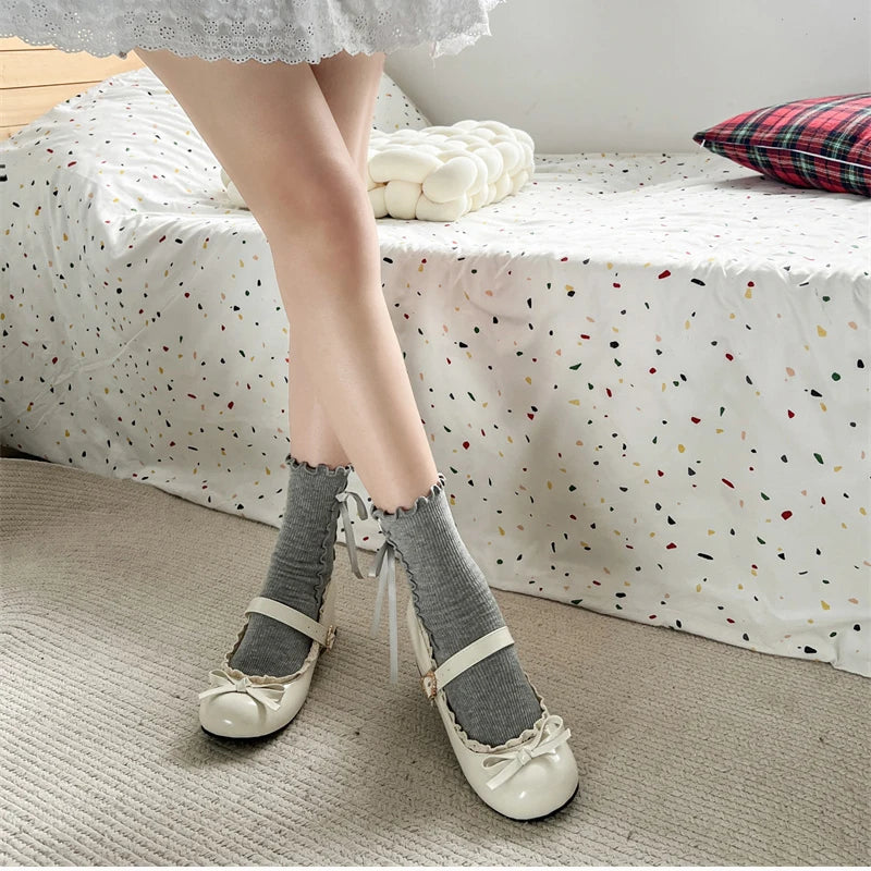 JK Mary Jane Shoes Causal Shallow Butterfly-knot Shoes Leather Shoes